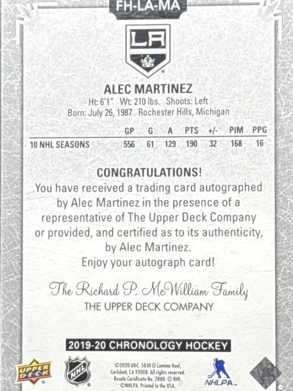 Upper Deck Chronology Alex Martinez Hockey Trading Card - Autographed